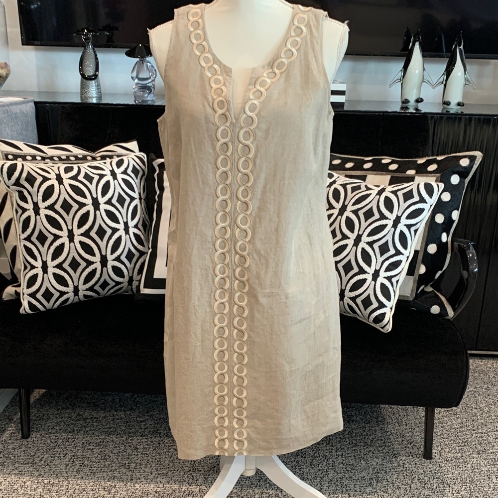 Tommy Bahama Beige Sleeveless Mini Linen Dress with Circle Trim